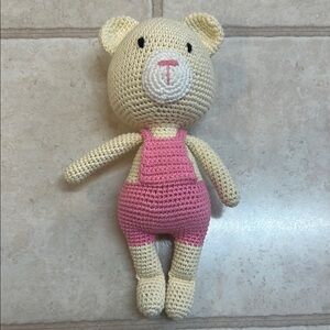 Handmade Crochet Bear with Pink Overalls